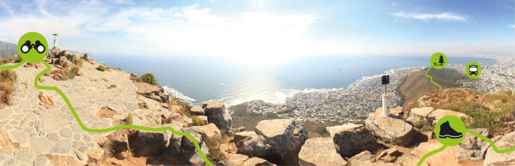 Das breite Headerbild der Startseite von HikingTrailView.com, Panorama-Aussicht auf dem Gipfel des Lion's Head in Kapstadt mit Blick Richtung Südwesten über teile der Stadt (Camps Bay), den Signal Hill und auf das Meer. Es ist ein sonniger Tag. Und während das blau des Ozeans und des Himmels durch die gleißende Reflektion des Sonnenlichts zu verschmelzen scheinen, lädt der Vordergrund zum Verweilen ein, auf dem Plateau sowie auf mehreren flachen Felsen, hellbraun und grau mit hier und da ein paar kleinen Stellen mit Gräsern. Mehrere Wegpunkt-Icons sind im Bild verteilt und durch eine grüne Linie verbunden als Anspielung auf die virtuellen 360° Panorama-Touren (das Haupt-Feature von HikingTrailView.com)