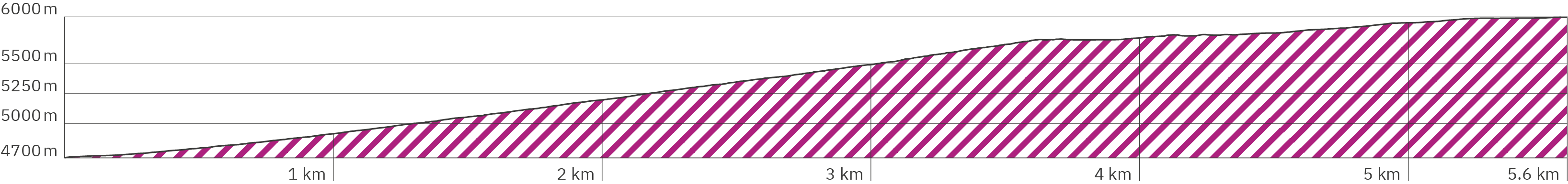 Elevation profile of the 4th stage to the summit of Kilimanjaro on the Marangu Route in Tanzania, Africa. The course shows a very steep start for about 3.7 kilometers up to an altitude of approx. 5.700 meters, followed by a slightly flatter section on the summit plateau to kilometer 4.5, then another climb to kilometer 5.3, followed by a flat climb to kilometer 5.6 – from 4,700 meters up to 5,895 at Uhuru Peak, the highest point in Africa.